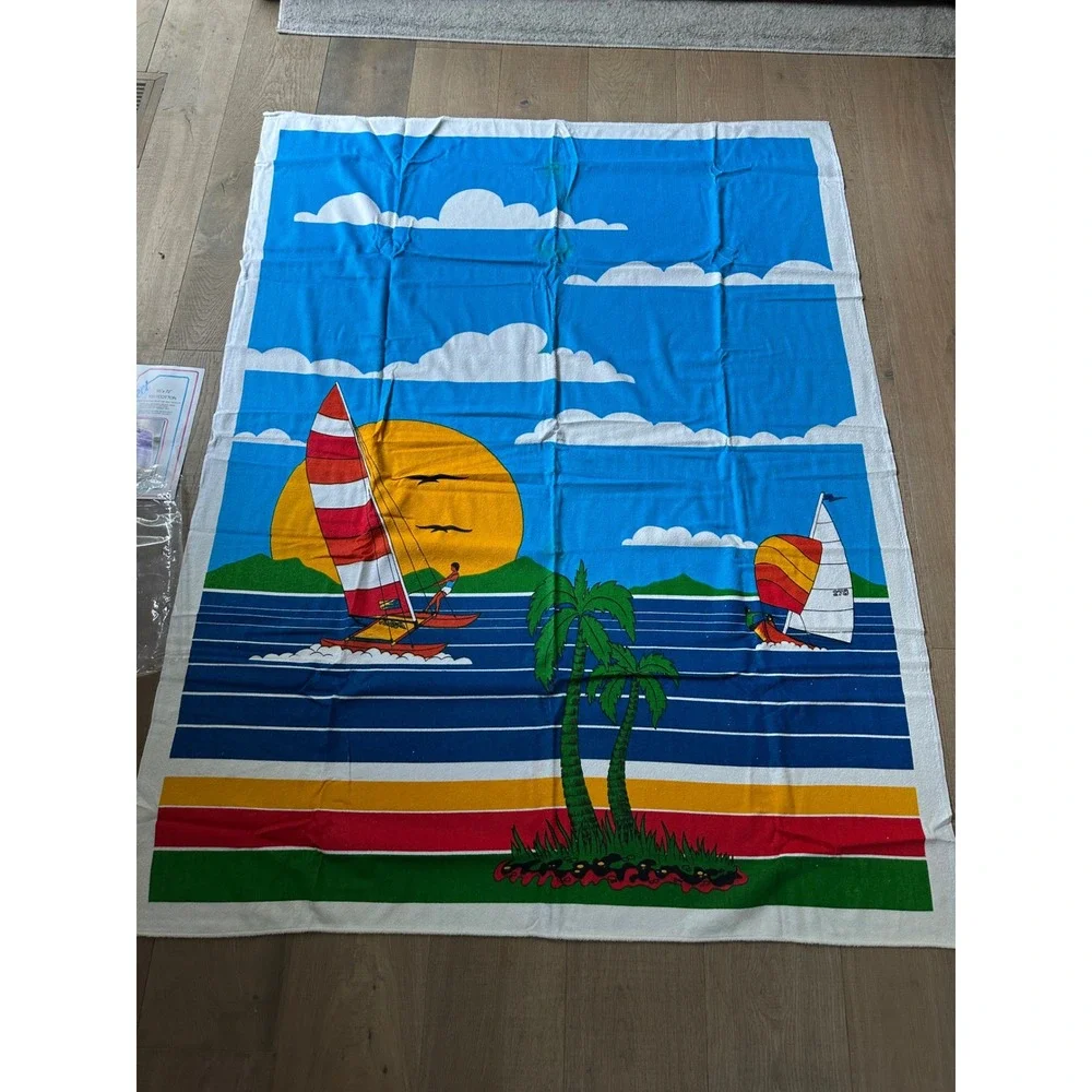 Vintage 80s Cobra Beach Blanket Towel Windsurfing Sailboat Tropical 55x72 Cotton